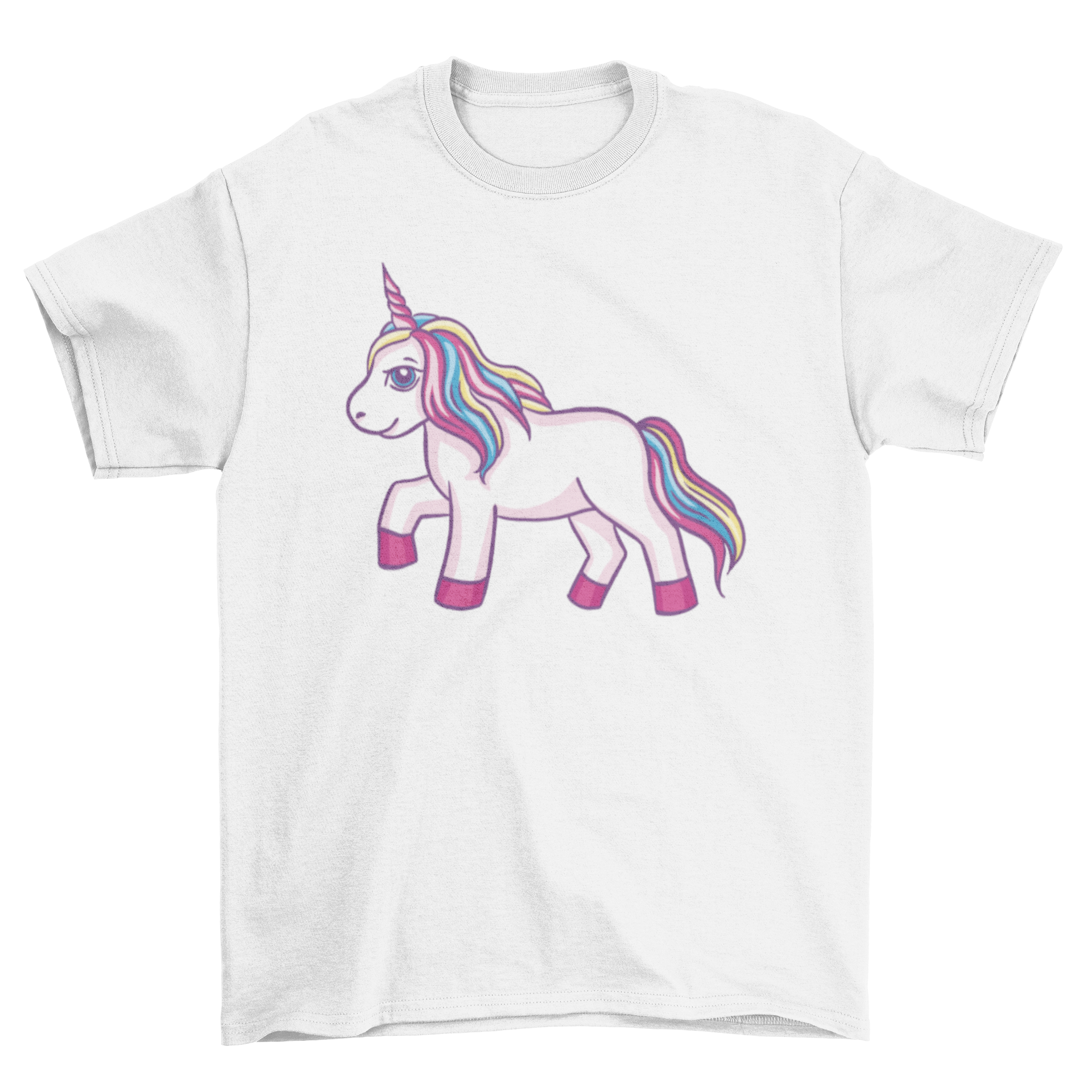 A vibrant t-shirt featuring a running unicorn design, showcasing a colorful and whimsical illustration.