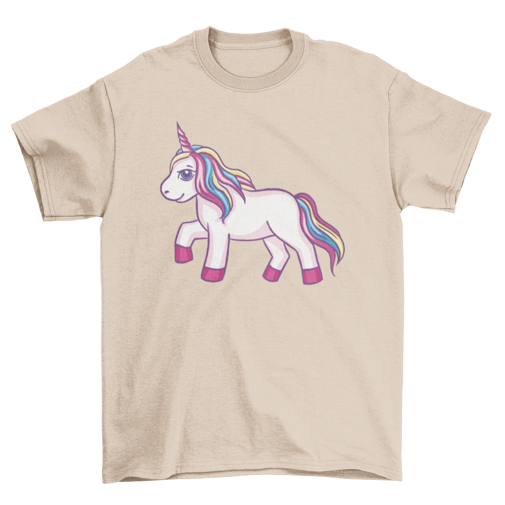 A vibrant t-shirt featuring a running unicorn design, showcasing a colorful and whimsical illustration.