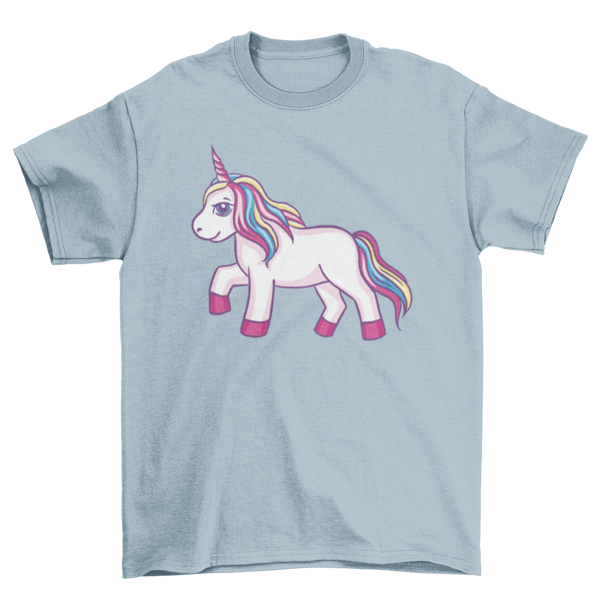 A vibrant t-shirt featuring a running unicorn design, showcasing a colorful and whimsical illustration.