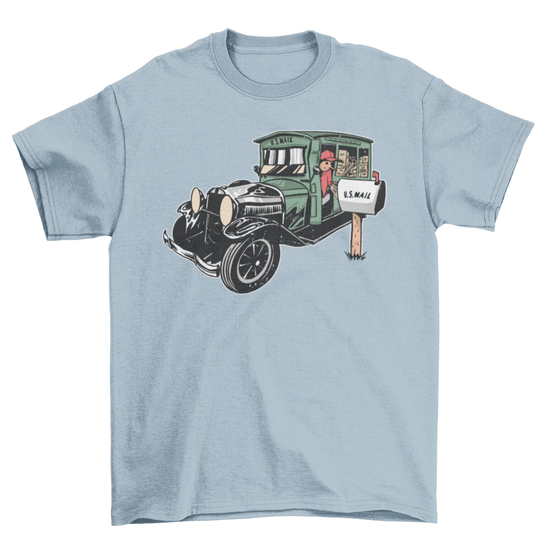 Rural letter carrier t-shirt featuring a design of a postal worker delivering a package to a house.