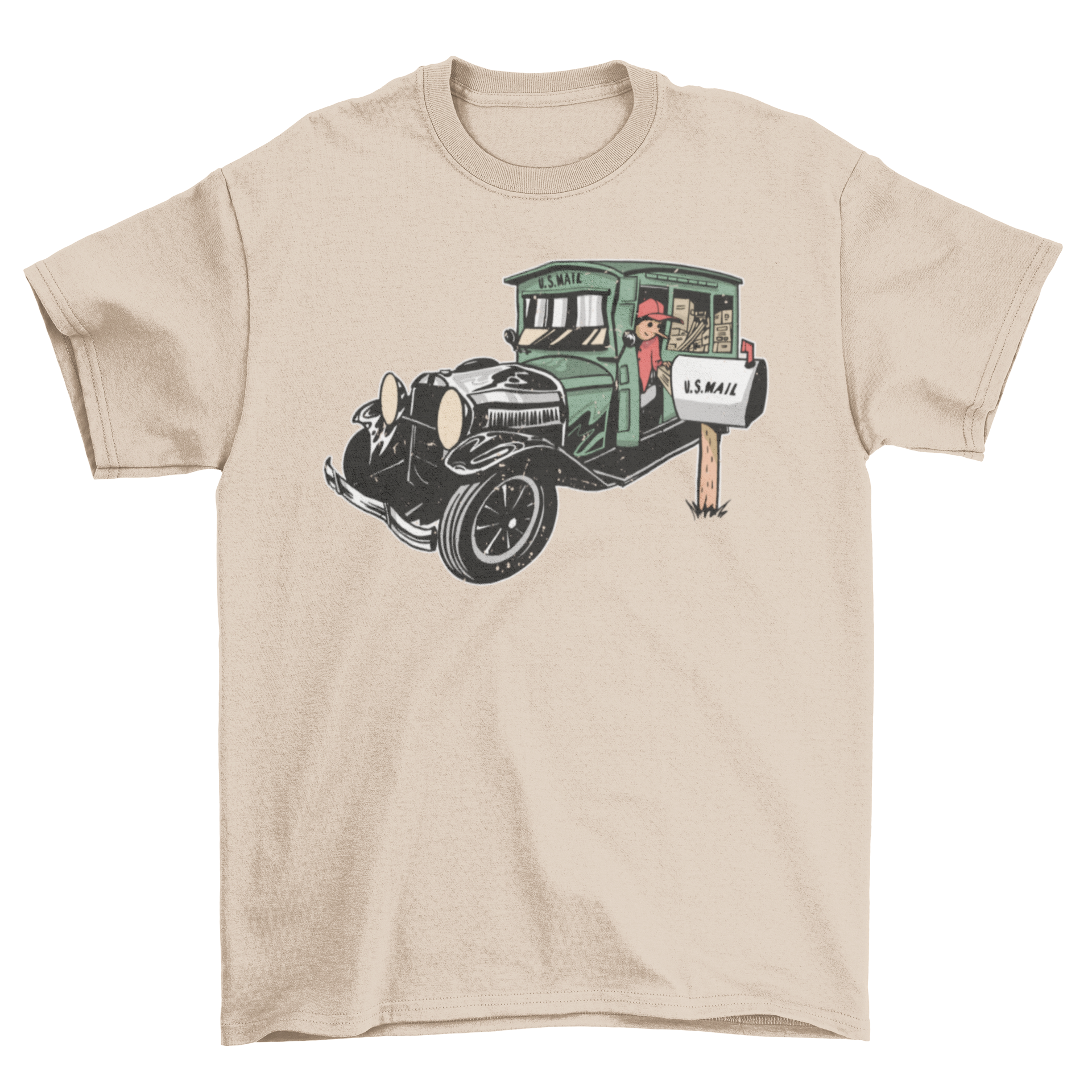 Rural letter carrier t-shirt featuring a design of a postal worker delivering a package to a house.