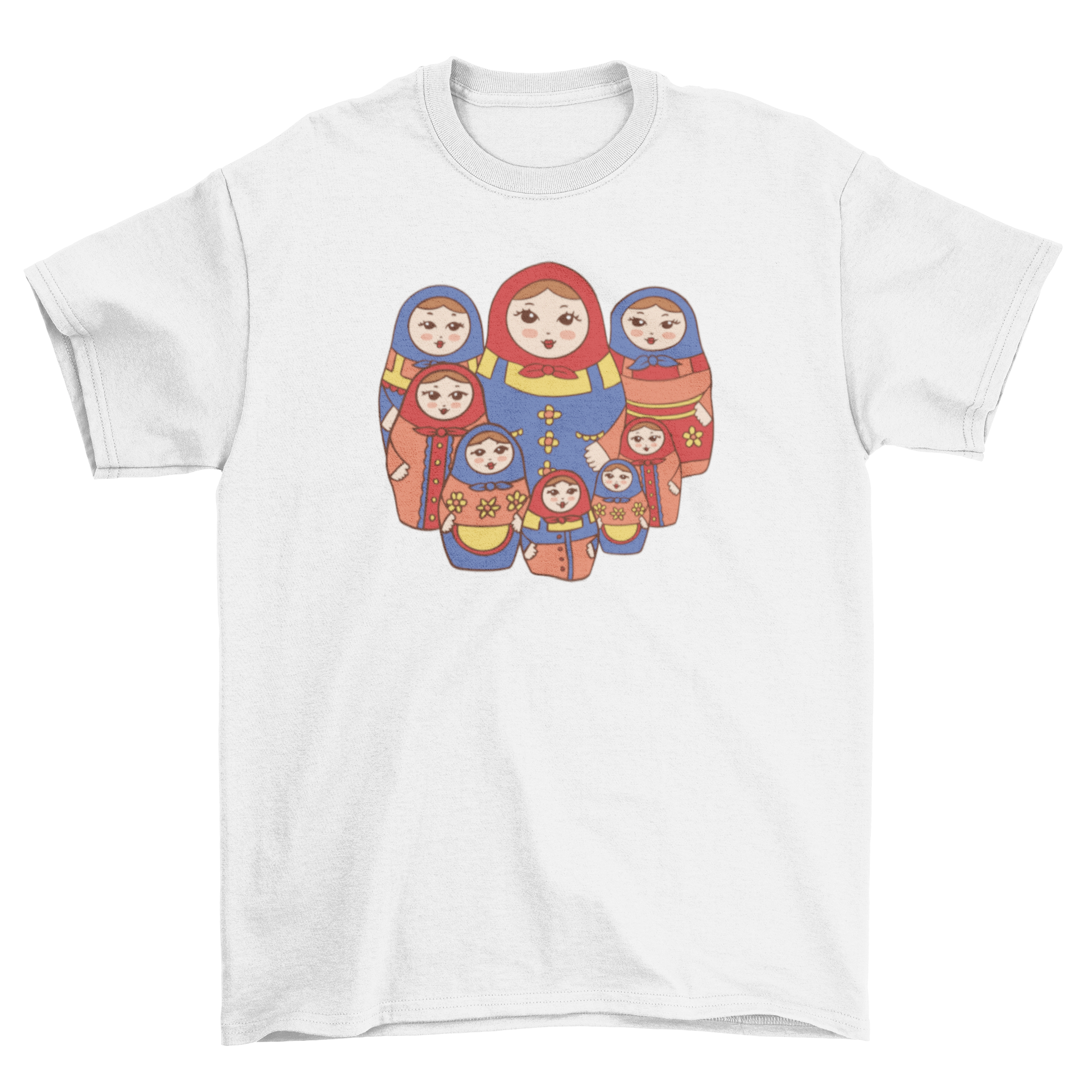 A stylish t-shirt featuring colorful Russian matryoshka dolls design, perfect for casual wear.