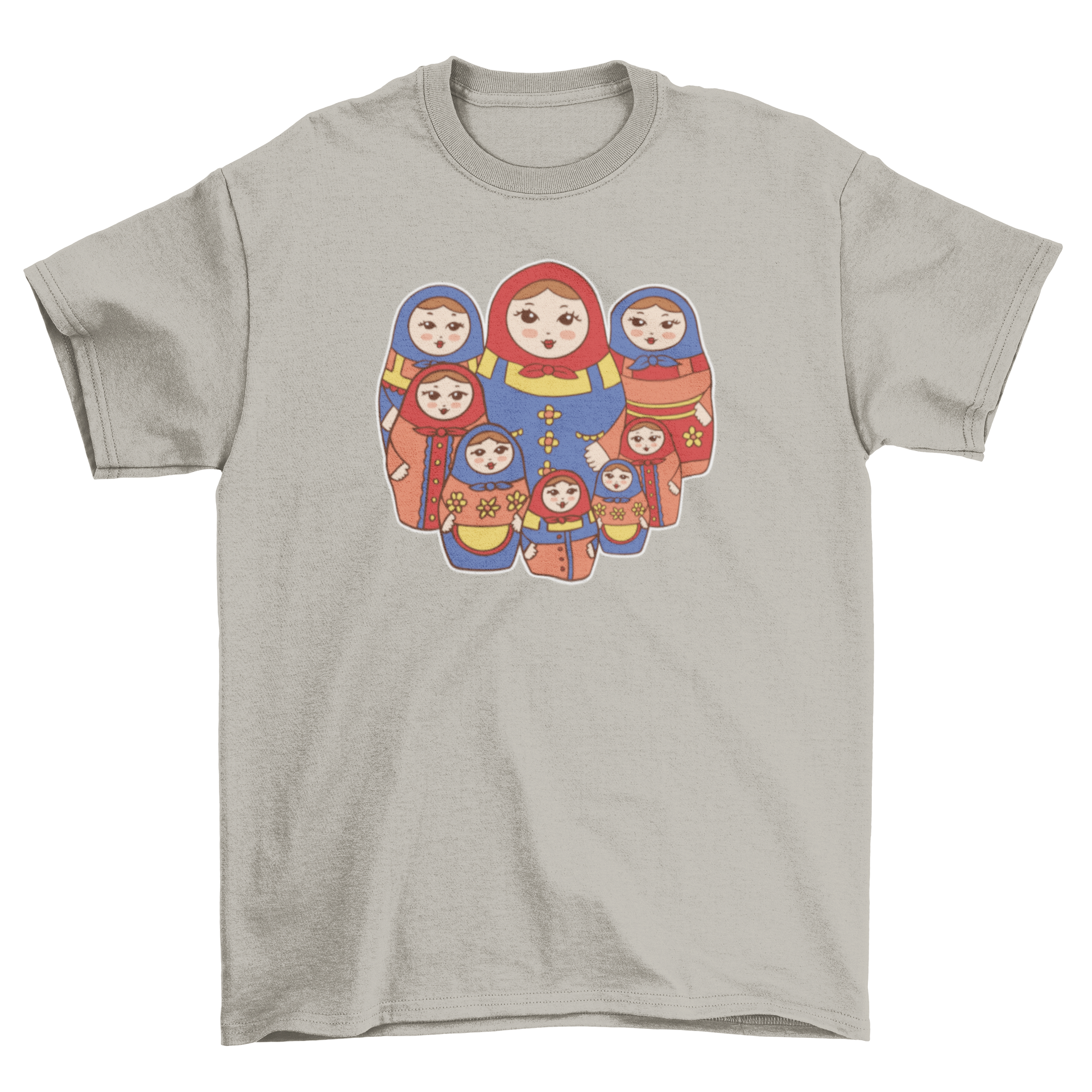 A stylish t-shirt featuring colorful Russian matryoshka dolls design, perfect for casual wear.