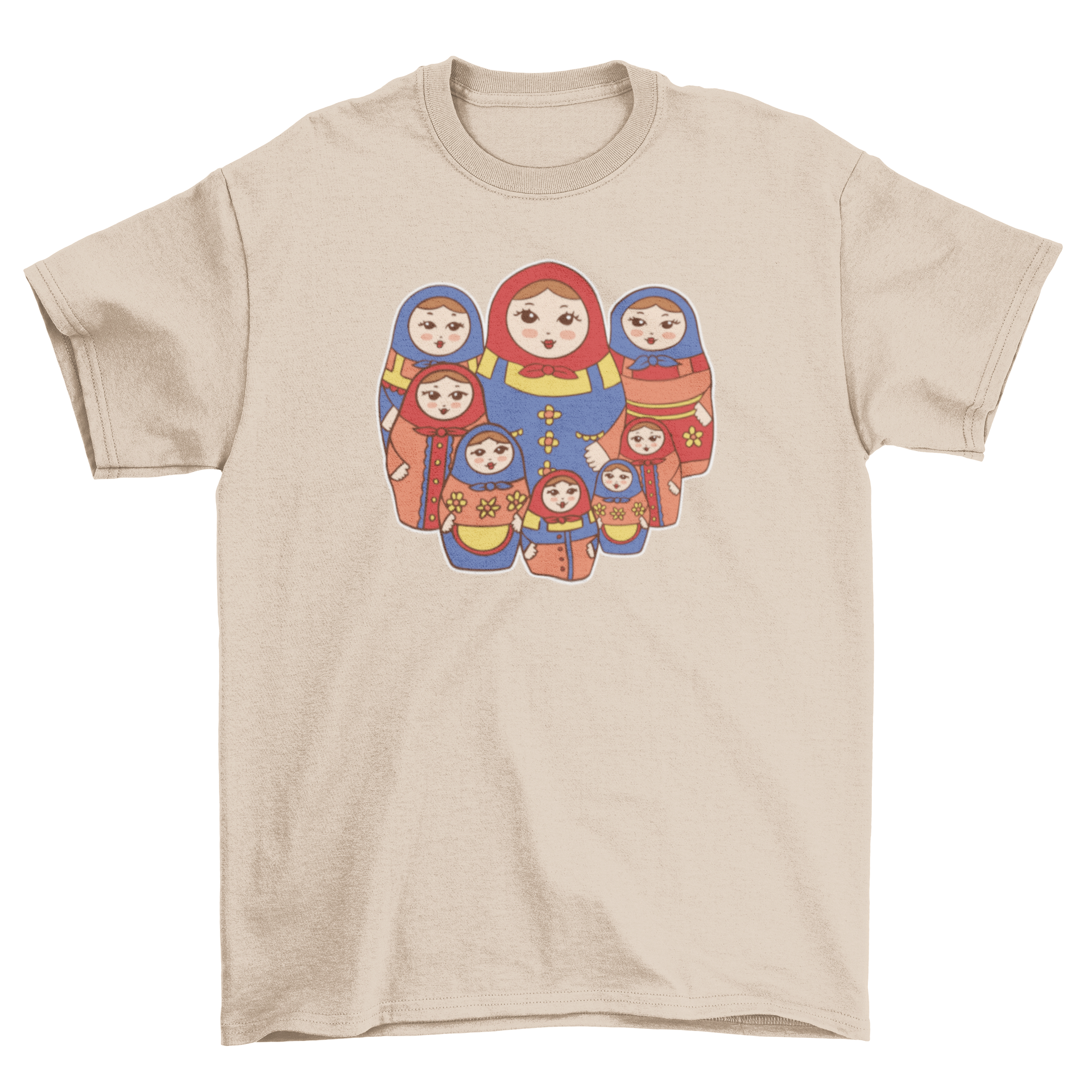 A stylish t-shirt featuring colorful Russian matryoshka dolls design, perfect for casual wear.