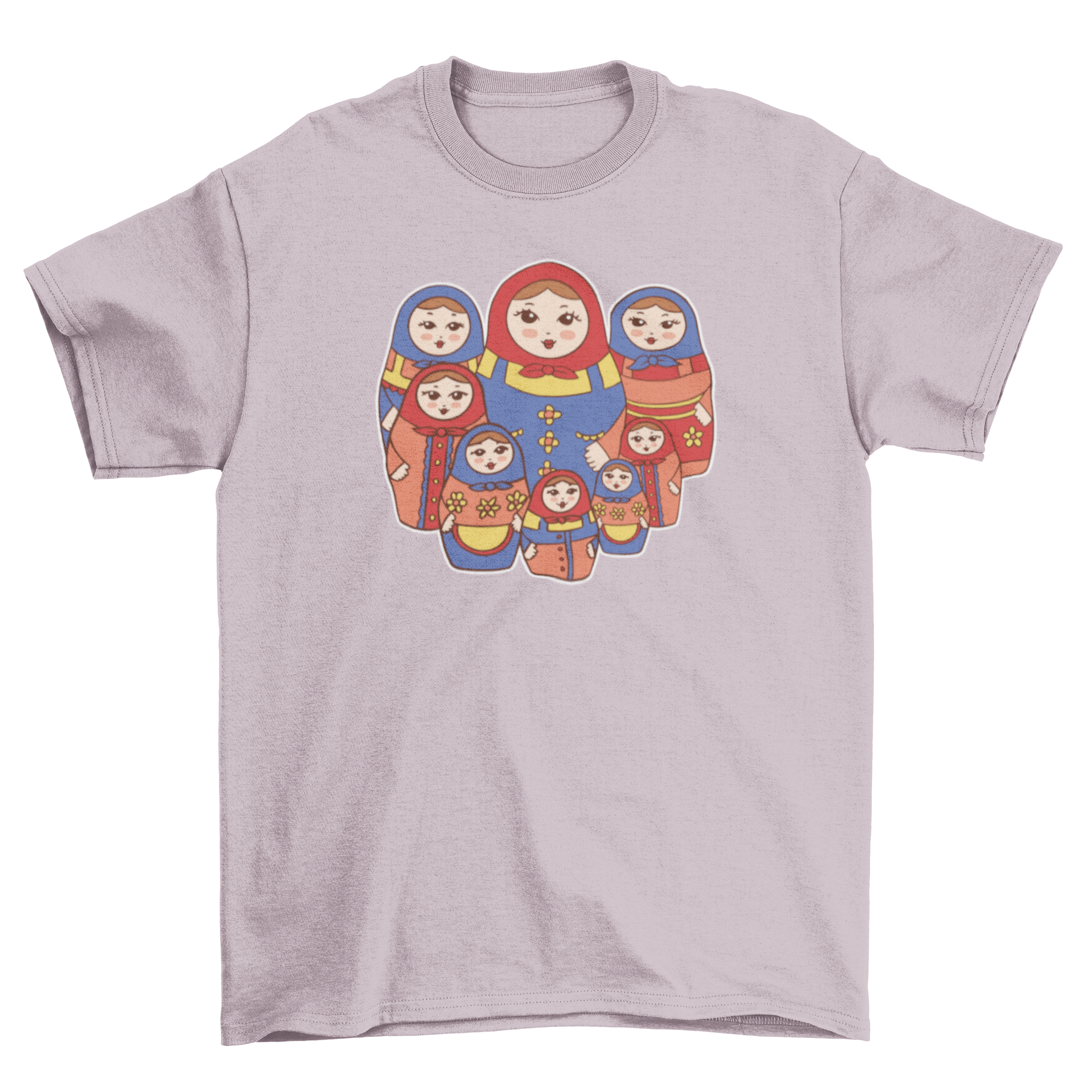 A stylish t-shirt featuring colorful Russian matryoshka dolls design, perfect for casual wear.