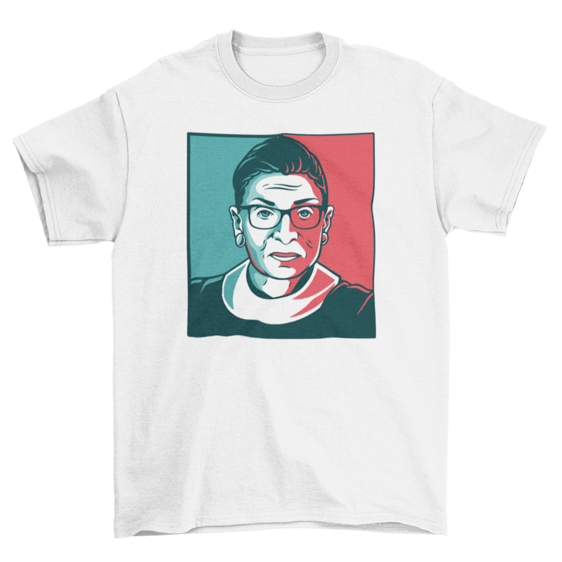 Ruth Bader Ginsburg illustration t-shirt in red and blue colors, showcasing her iconic likeness.