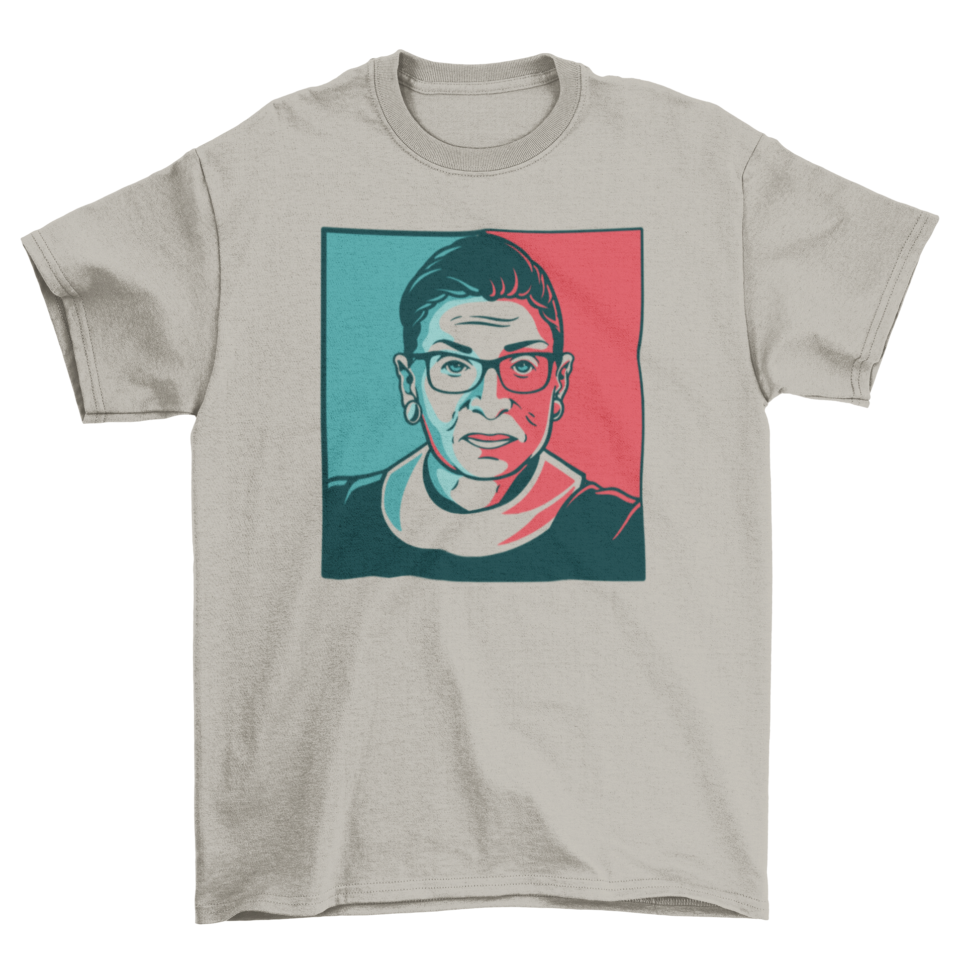 Ruth Bader Ginsburg illustration t-shirt in red and blue colors, showcasing her iconic likeness.