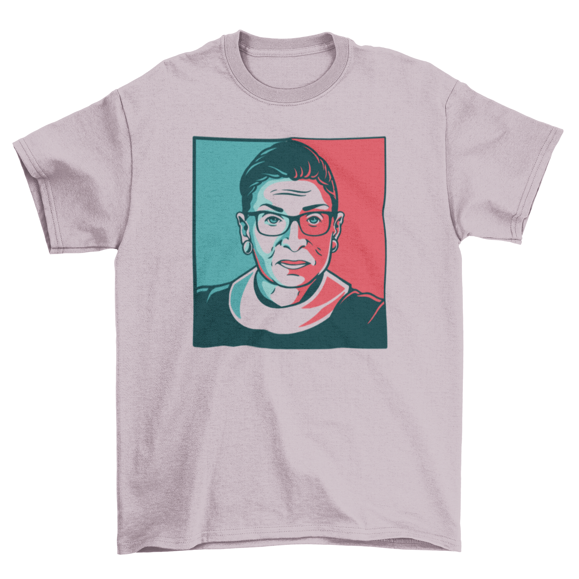 Ruth Bader Ginsburg illustration t-shirt in red and blue colors, showcasing her iconic likeness.