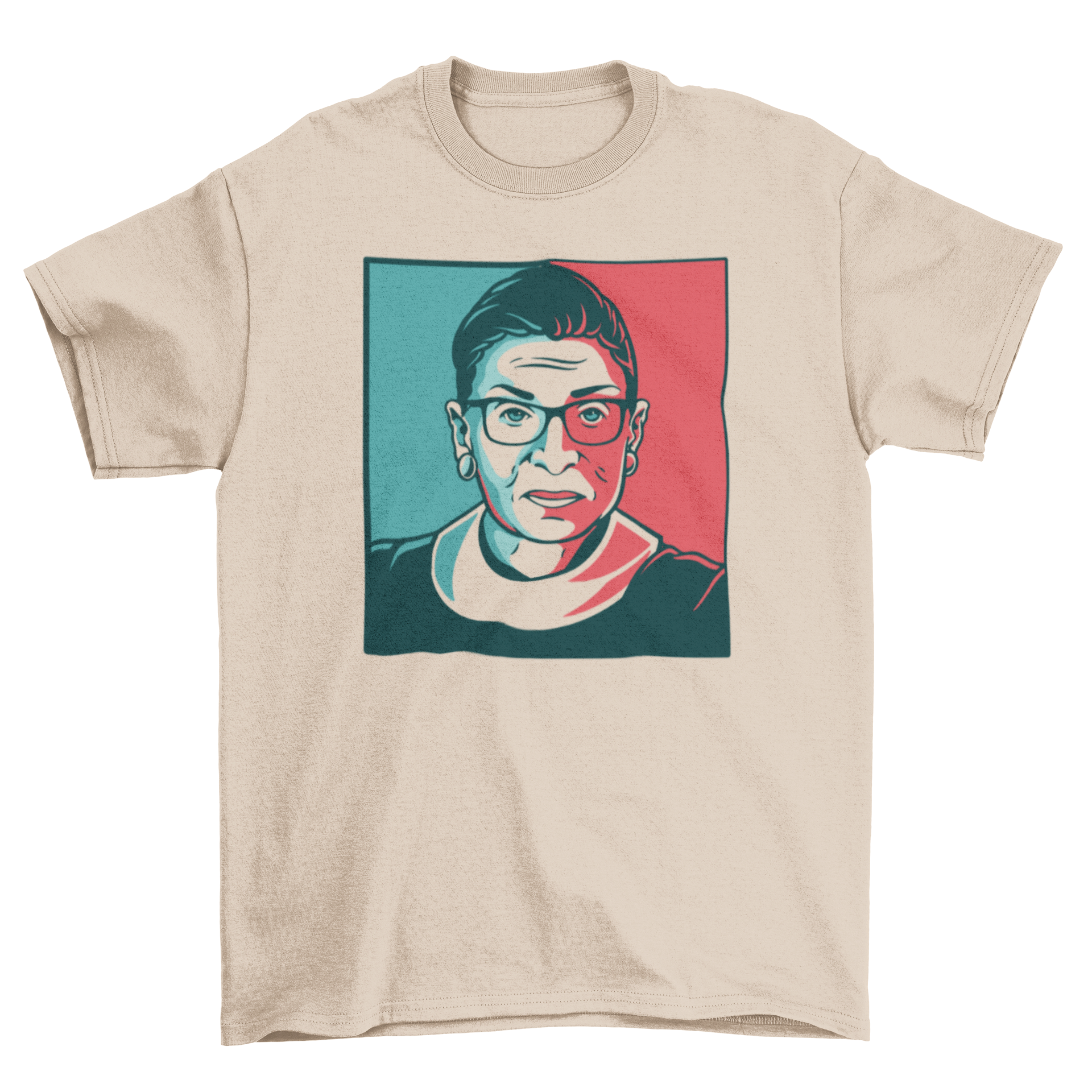 Ruth Bader Ginsburg illustration t-shirt in red and blue colors, showcasing her iconic likeness.