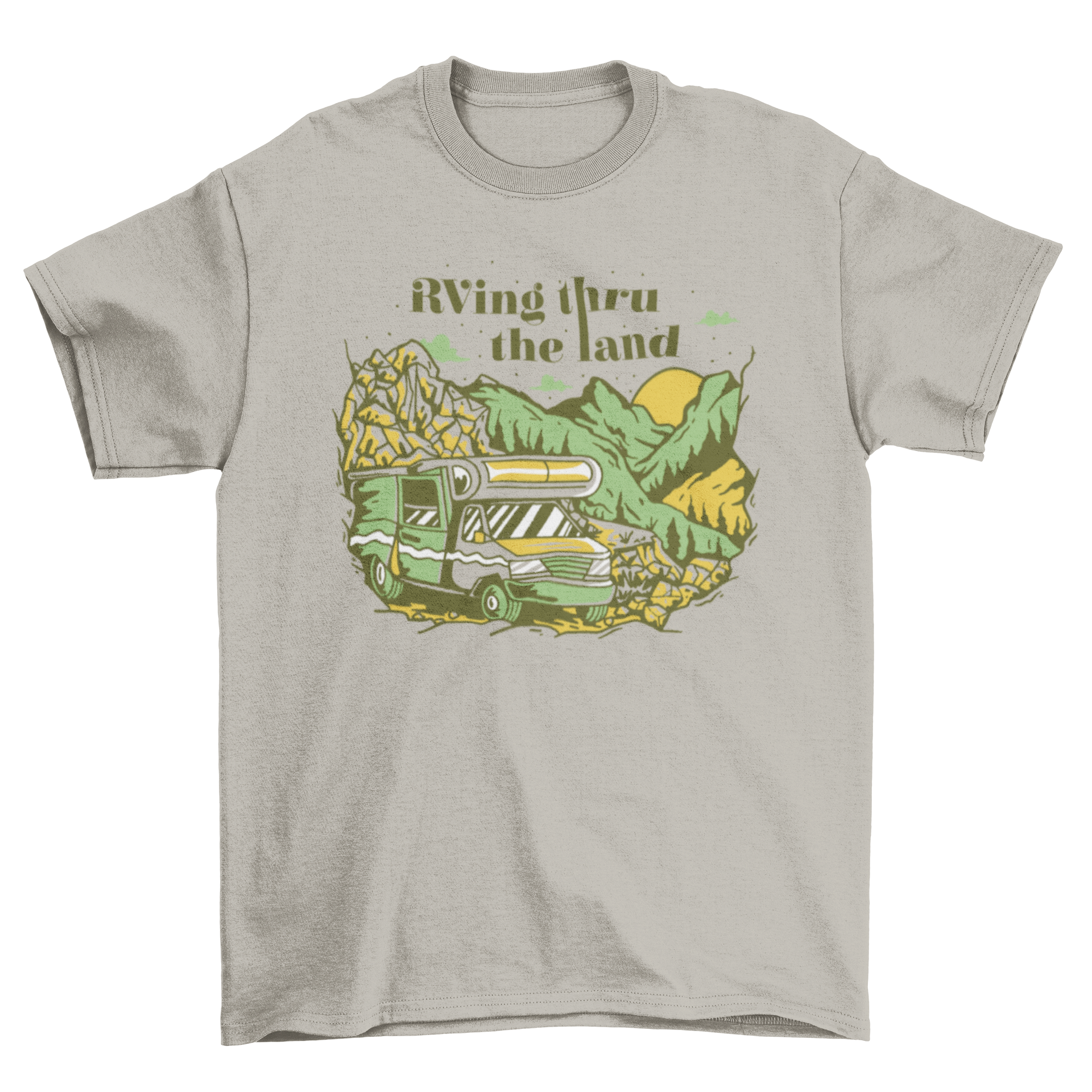 A stylish RV camping t-shirt featuring an RV driving through mountains with the quote 'RVing thru the land'.