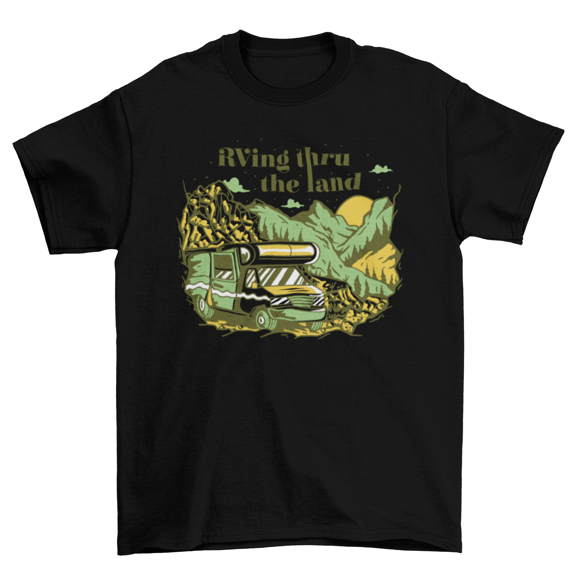 A stylish RV camping t-shirt featuring an RV driving through mountains with the quote 'RVing thru the land'.