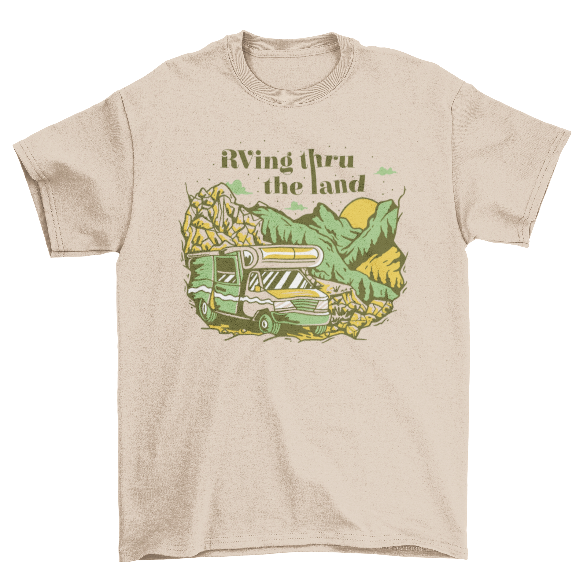 A stylish RV camping t-shirt featuring an RV driving through mountains with the quote 'RVing thru the land'.