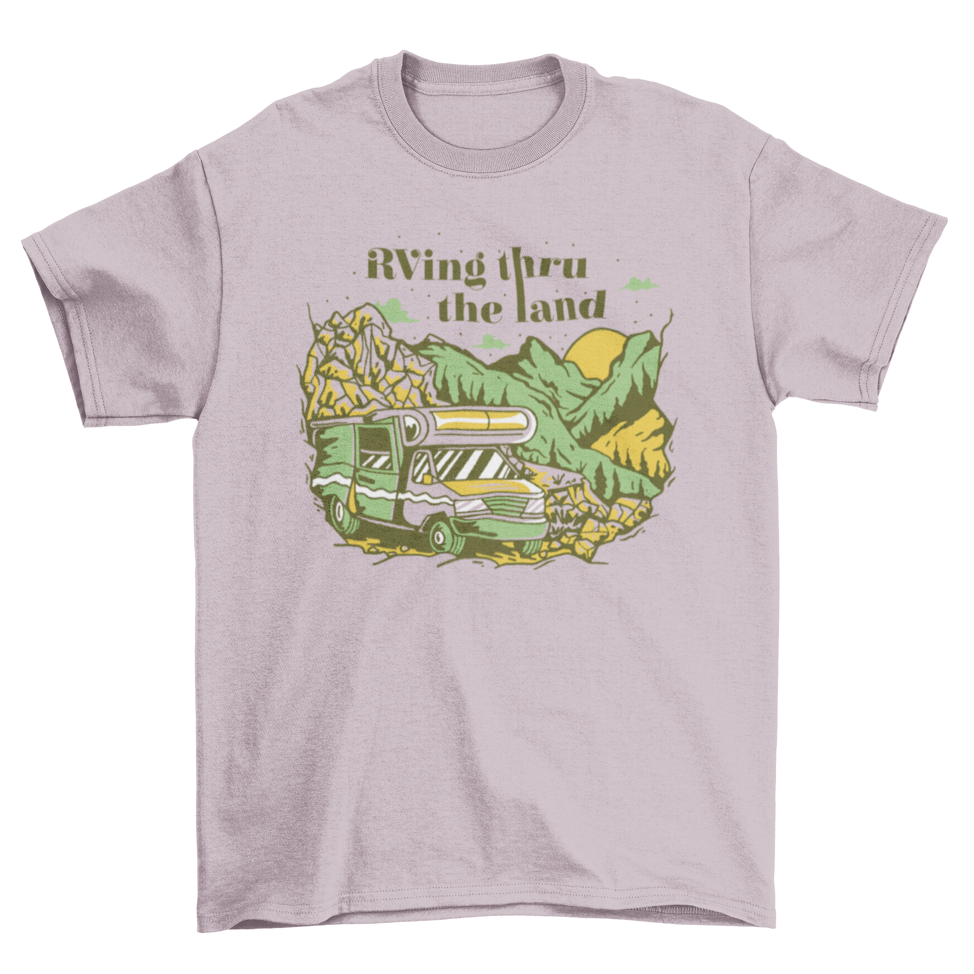 A stylish RV camping t-shirt featuring an RV driving through mountains with the quote 'RVing thru the land'.