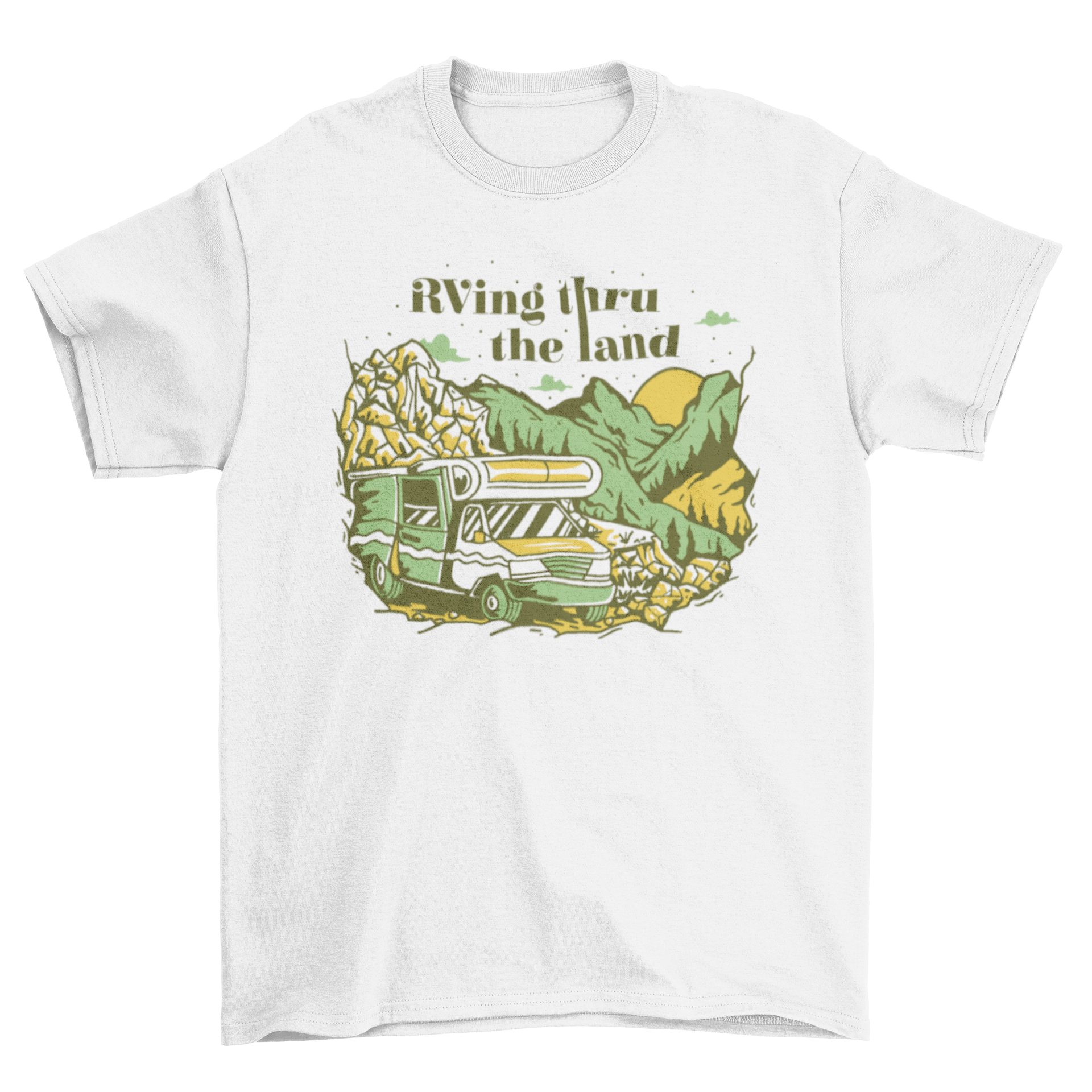 A stylish RV camping t-shirt featuring an RV driving through mountains with the quote 'RVing thru the land'.