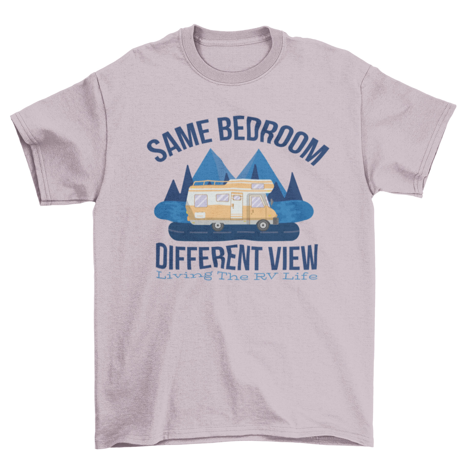 A stylish t-shirt featuring the quote 'Same bedroom different view. Living the RV life' with an illustration of a motorhome and mountains.