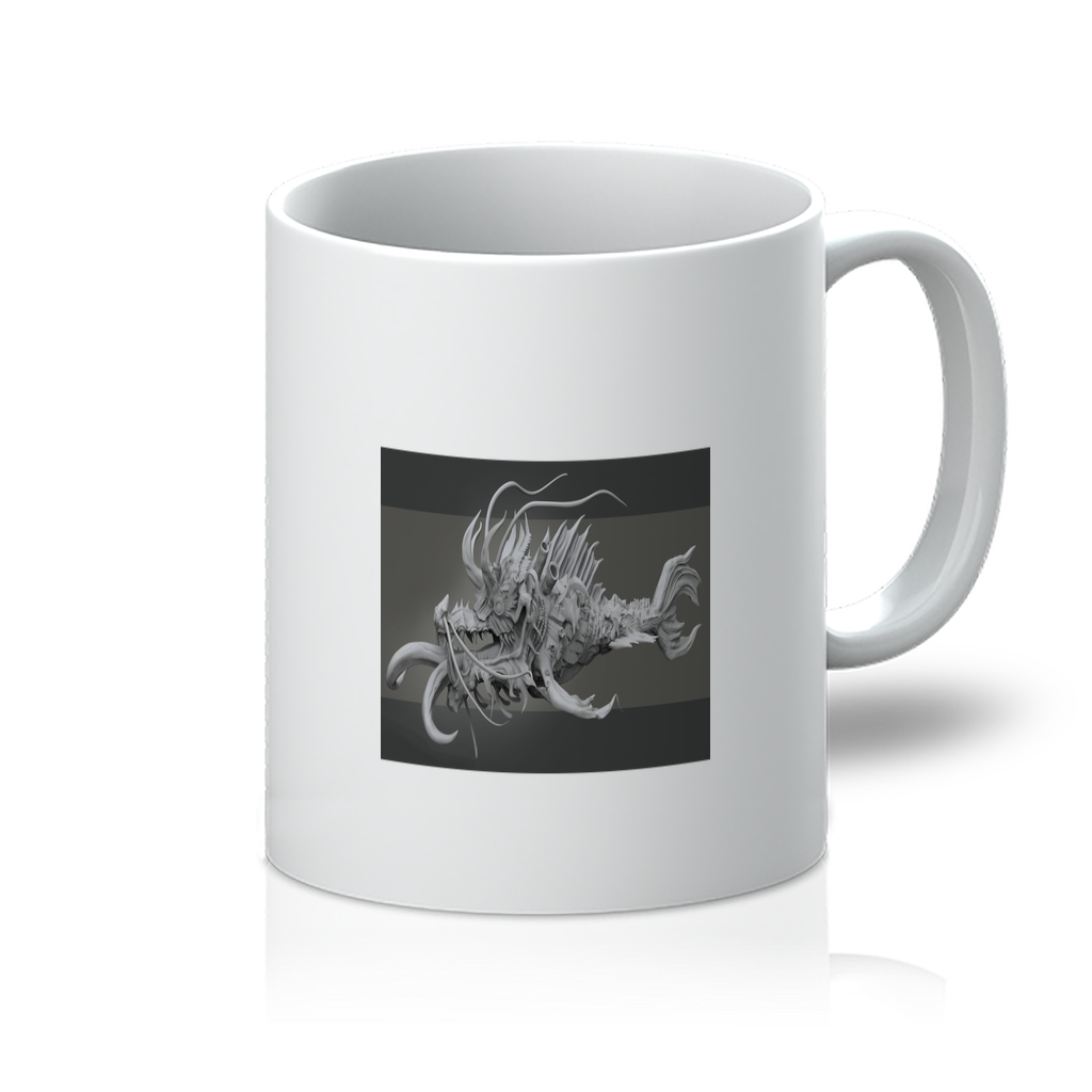 Ryuuk - The Fish Dragon God 11oz Mug featuring vibrant colors and clear text on a flawless white surface.