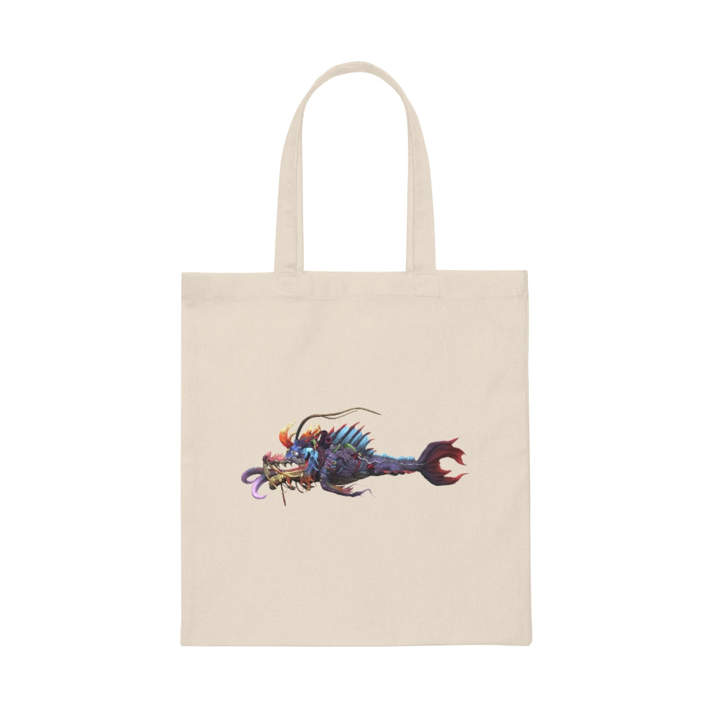 Ryuuk the Fish Dragon God Canvas Tote Bag featuring vibrant artwork and durable handles.