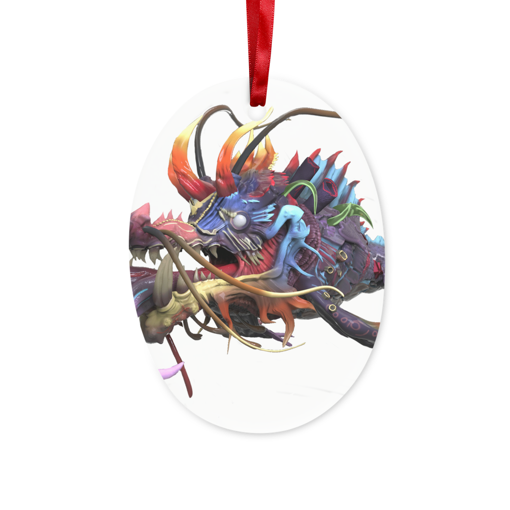 Ryuuk the Fish Dragon God Ceramic Hanging Ornament with red ribbon and gold string, beautifully designed for holiday decor.