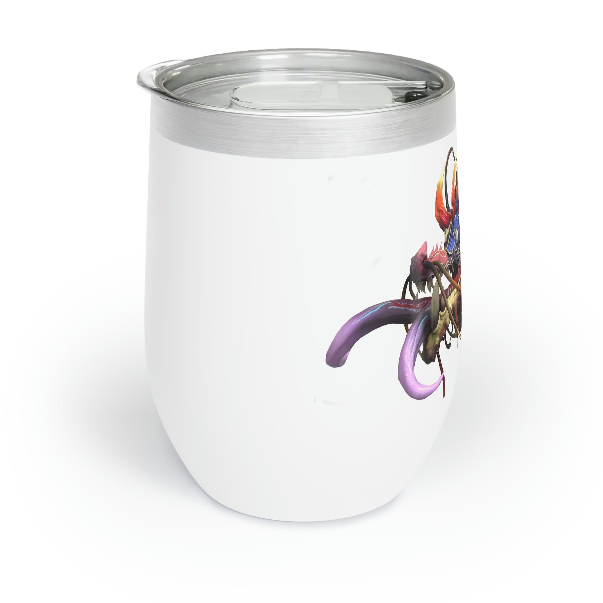 Ryuuk the Fish Dragon God Chill Wine Tumbler showcasing its stainless steel design and vibrant dragon artwork.