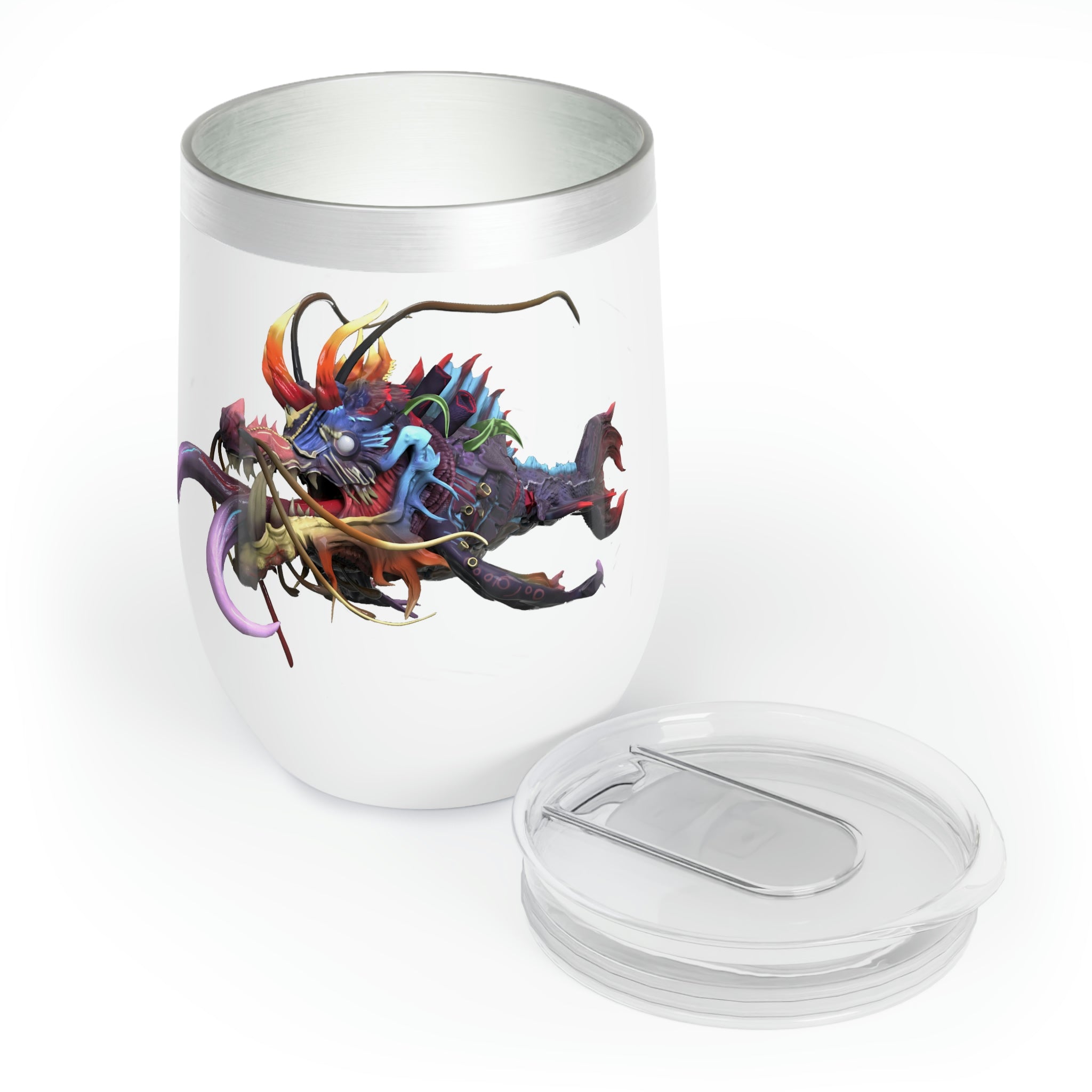 Ryuuk the Fish Dragon God Chill Wine Tumbler showcasing its stainless steel design and vibrant dragon artwork.