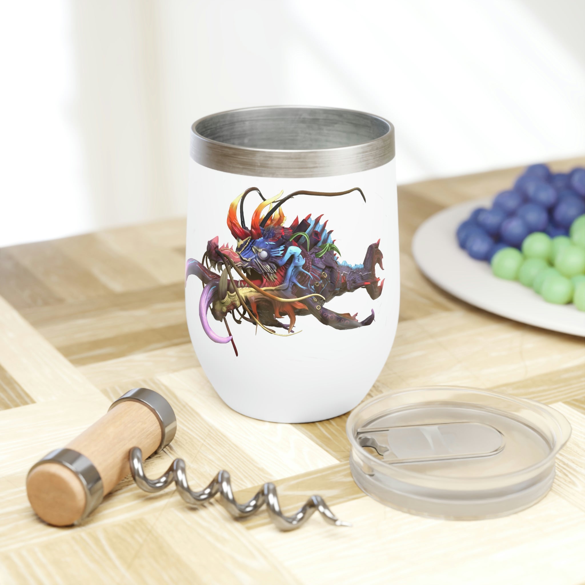 Ryuuk the Fish Dragon God Chill Wine Tumbler showcasing its stainless steel design and vibrant dragon artwork.