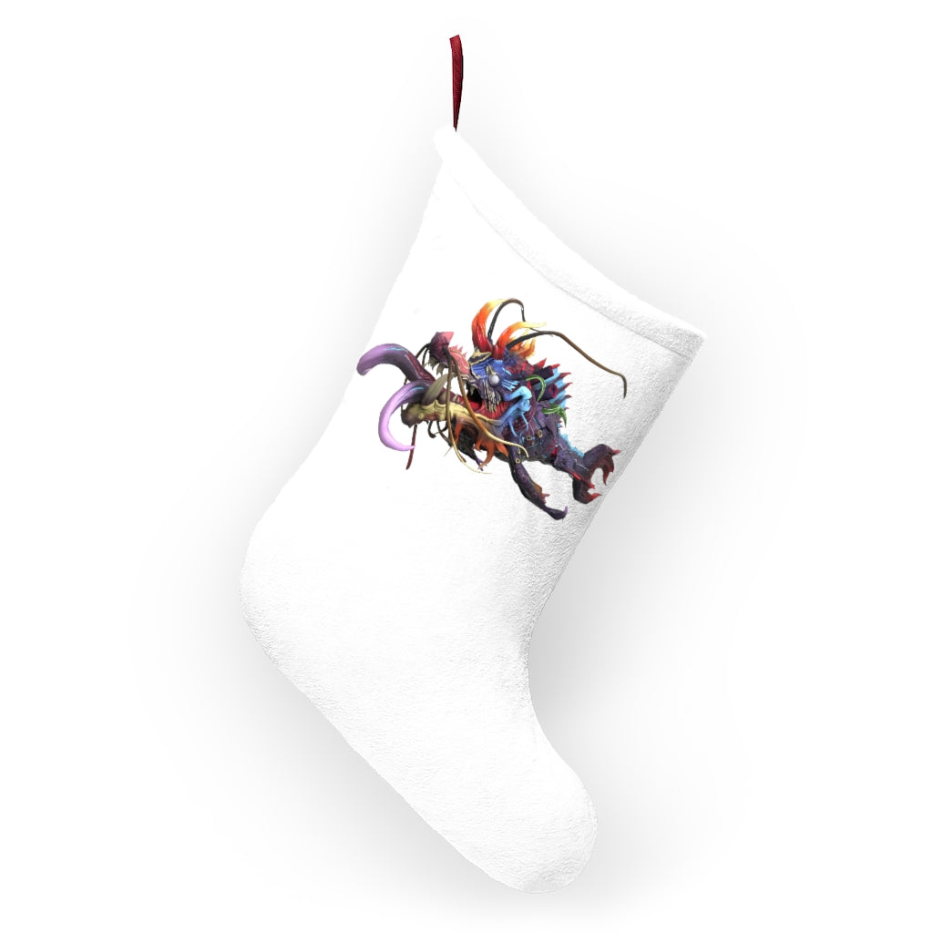 Ryuuk the Fish Dragon God Christmas Stocking featuring vibrant colors and intricate design, hanging by a fireplace.