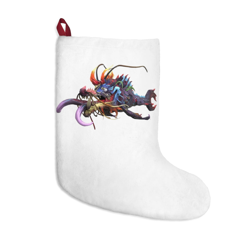 Ryuuk the Fish Dragon God Christmas Stocking featuring vibrant colors and intricate design, hanging by a fireplace.