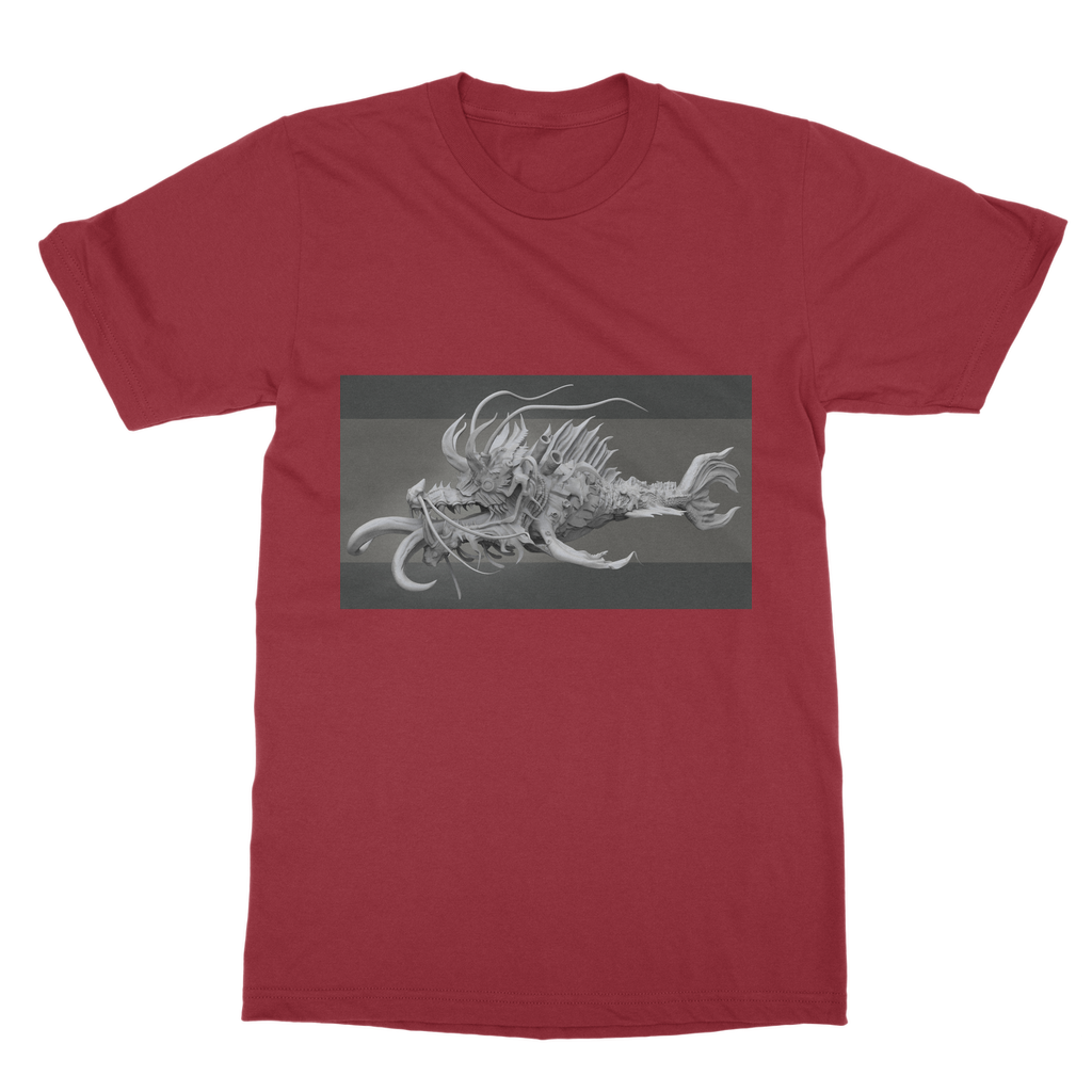 Ryuuk Fish Dragon God Classic Adult T-Shirt in various colors, showcasing its soft fabric and stylish design.