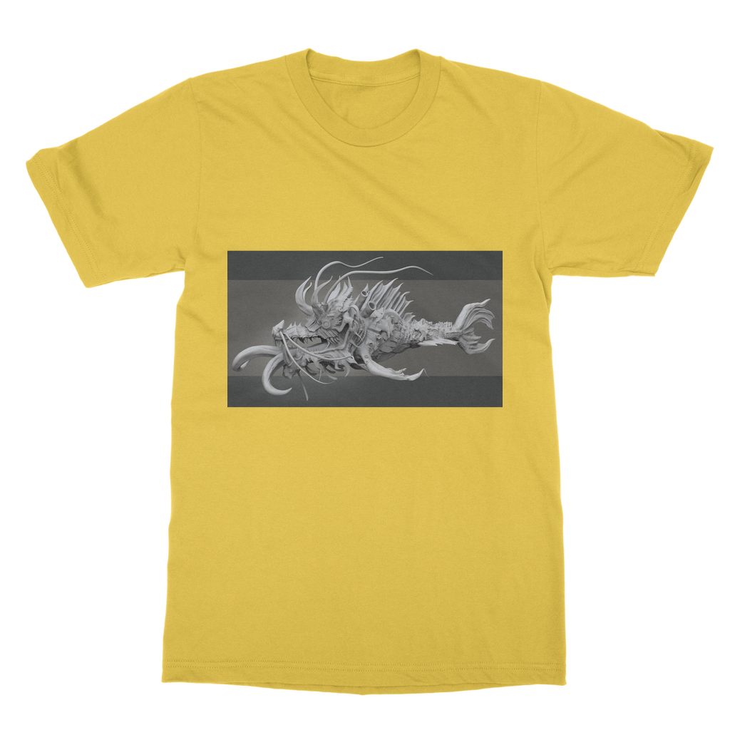 Ryuuk Fish Dragon God Classic Adult T-Shirt in various colors, showcasing its soft fabric and stylish design.