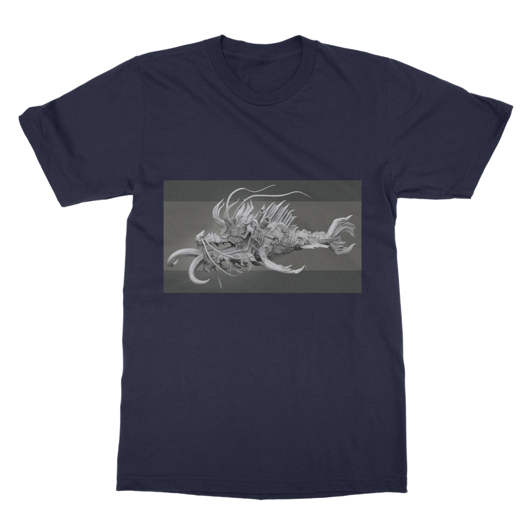 Ryuuk Fish Dragon God Classic Adult T-Shirt in various colors, showcasing its soft fabric and stylish design.