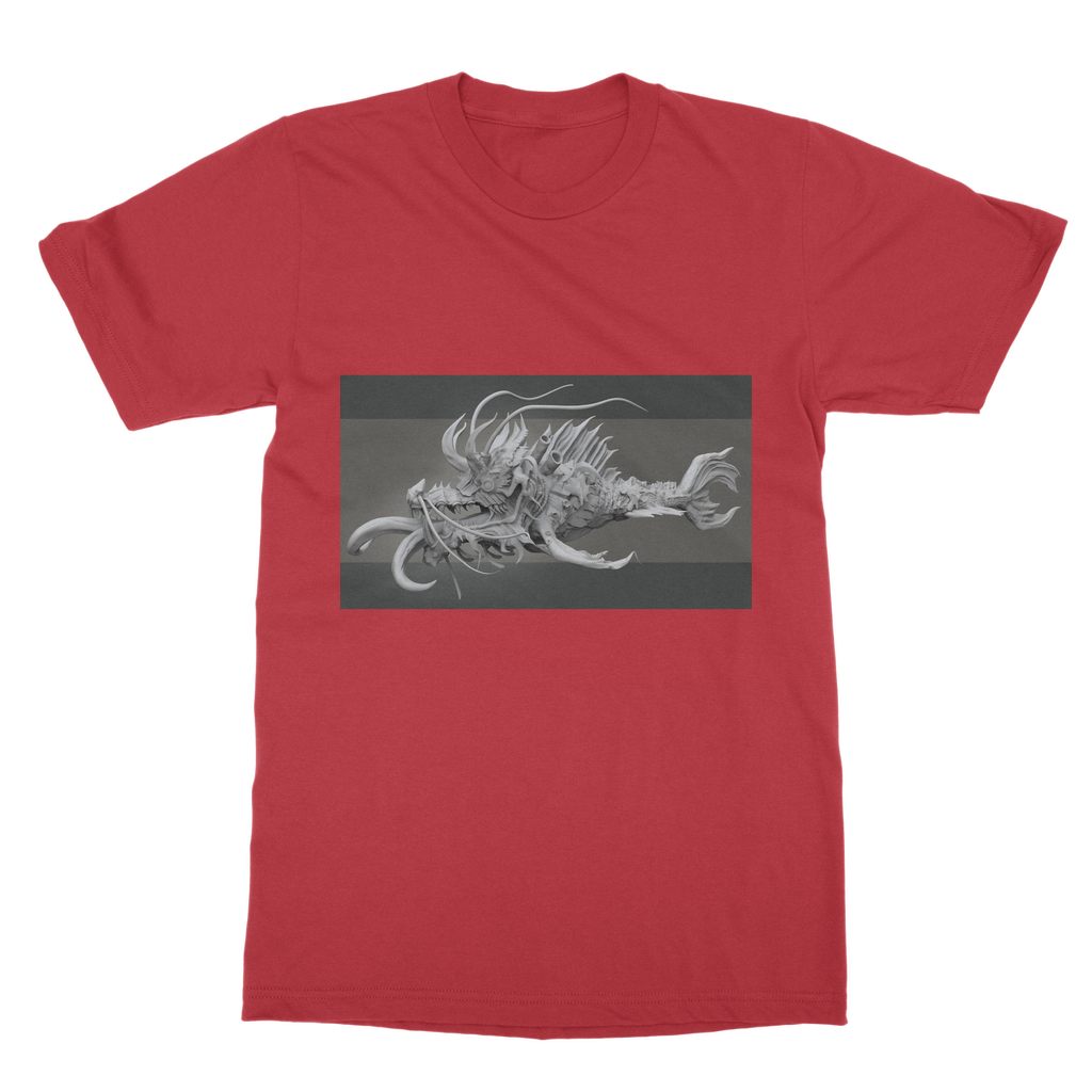 Ryuuk Fish Dragon God Classic Adult T-Shirt in various colors, showcasing its soft fabric and stylish design.