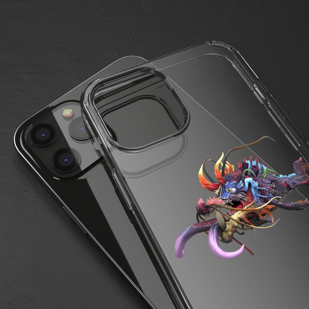 Ryuuk the Fish Dragon God clear phone case showcasing a vibrant design with protective features.