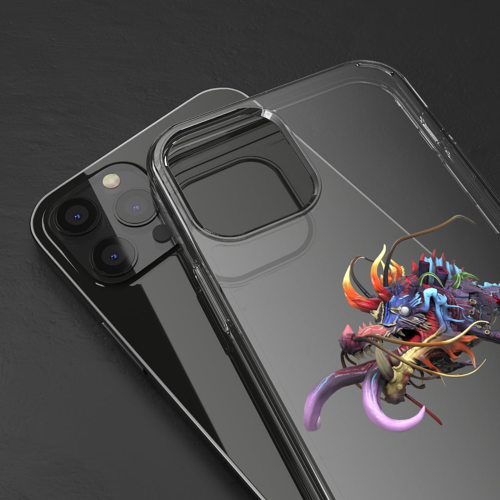 Ryuuk the Fish Dragon God clear phone case showcasing a vibrant design with protective features.