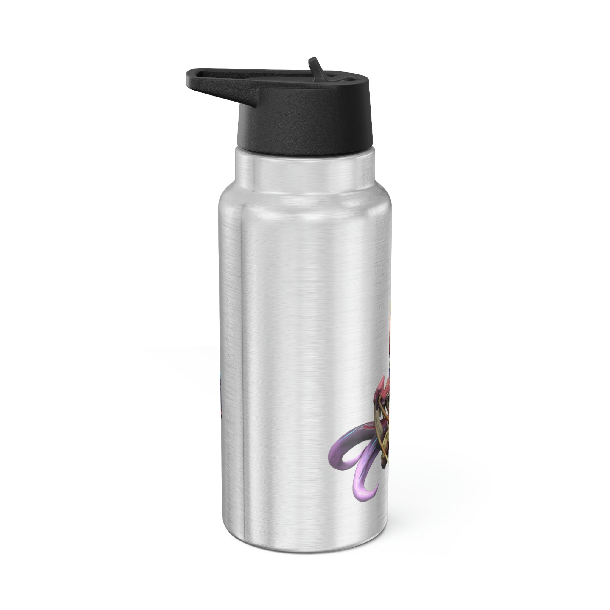 Ryuuk the Fish Dragon God Gator Tumbler, 32oz, featuring a vibrant design on stainless steel with a black screw-on cap and plastic straw.