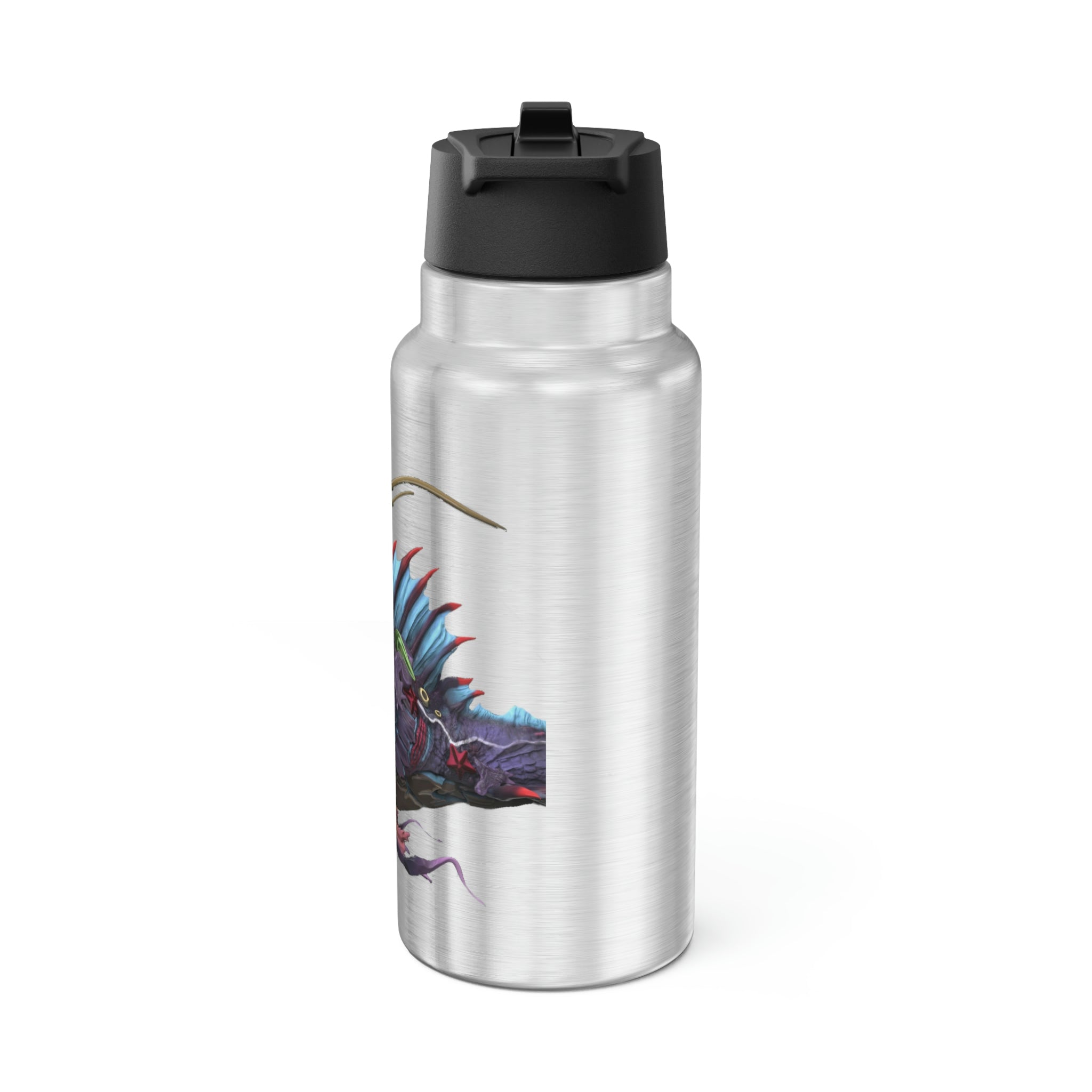 Ryuuk the Fish Dragon God Gator Tumbler, 32oz, featuring a vibrant design on stainless steel with a black screw-on cap and plastic straw.