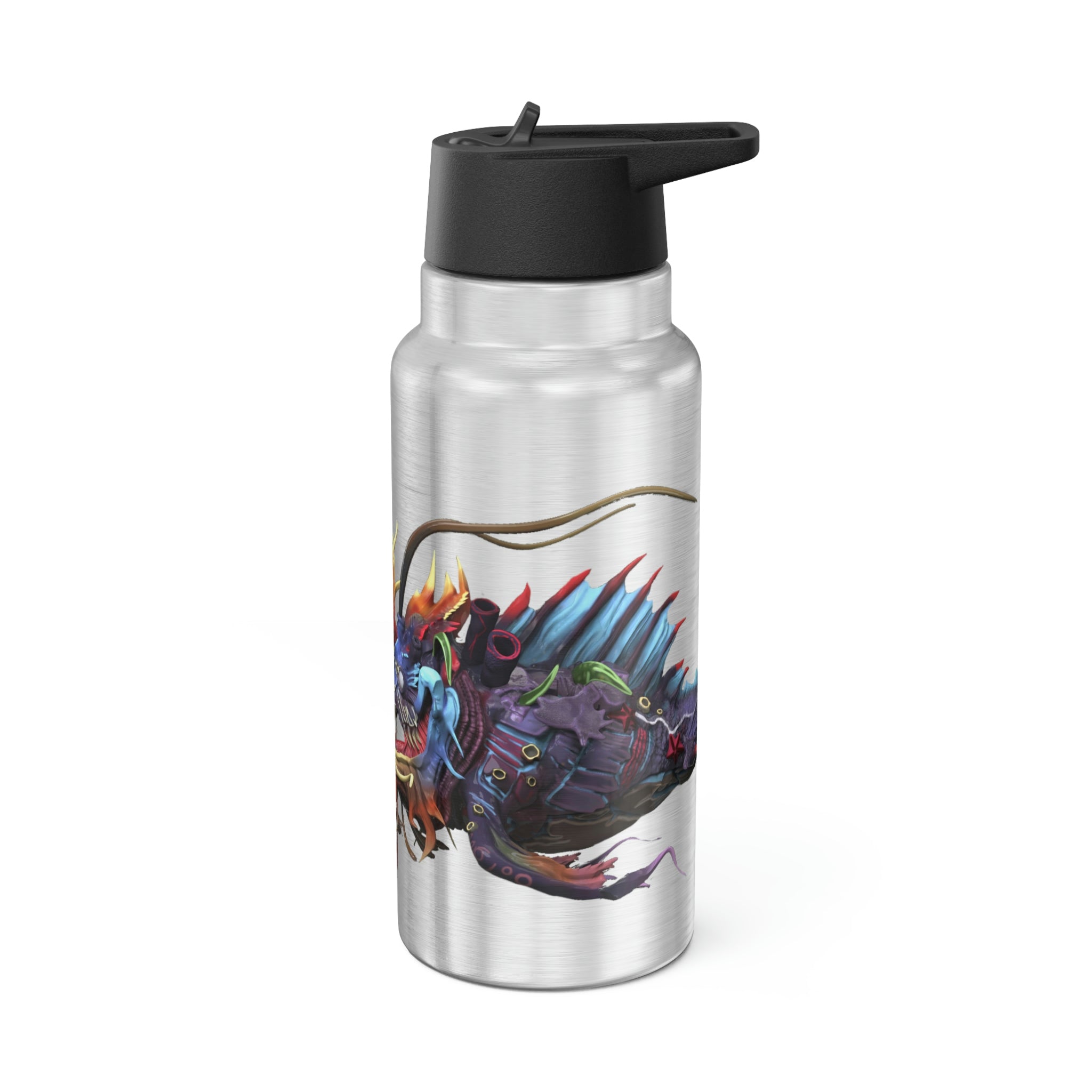 Ryuuk the Fish Dragon God Gator Tumbler, 32oz, featuring a vibrant design on stainless steel with a black screw-on cap and plastic straw.