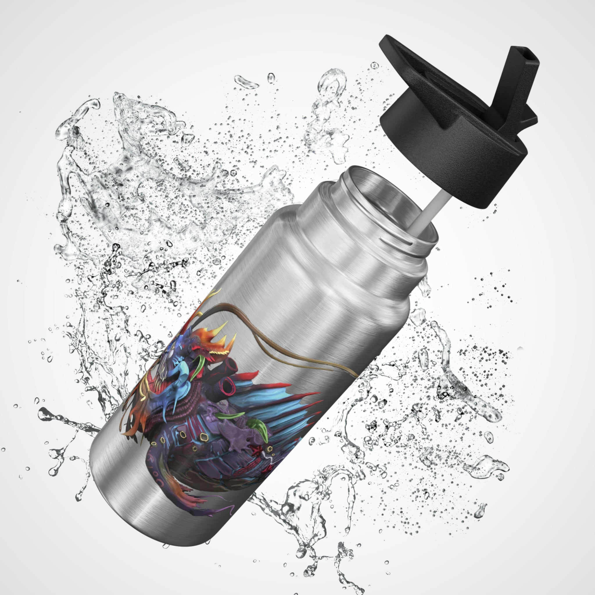 Ryuuk the Fish Dragon God Gator Tumbler, 32oz, featuring a vibrant design on stainless steel with a black screw-on cap and plastic straw.