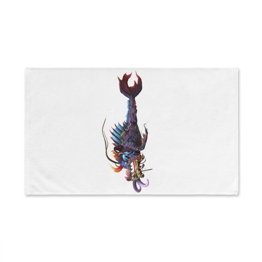 Ryuuk the Fish Dragon God hand towel featuring a vibrant polyester front and soft cotton back, ideal for bathroom decor.