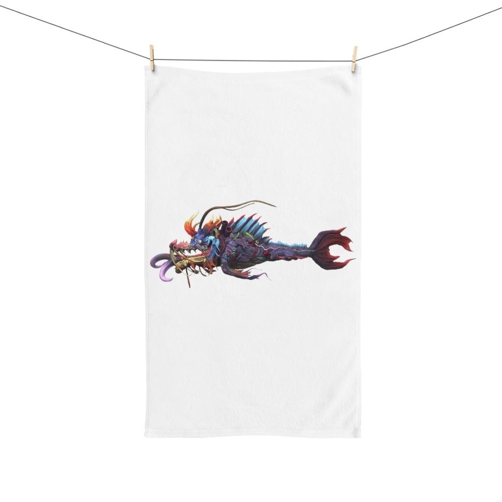 Ryuuk the Fish Dragon God hand towel featuring a vibrant polyester front and soft cotton back, ideal for bathroom decor.