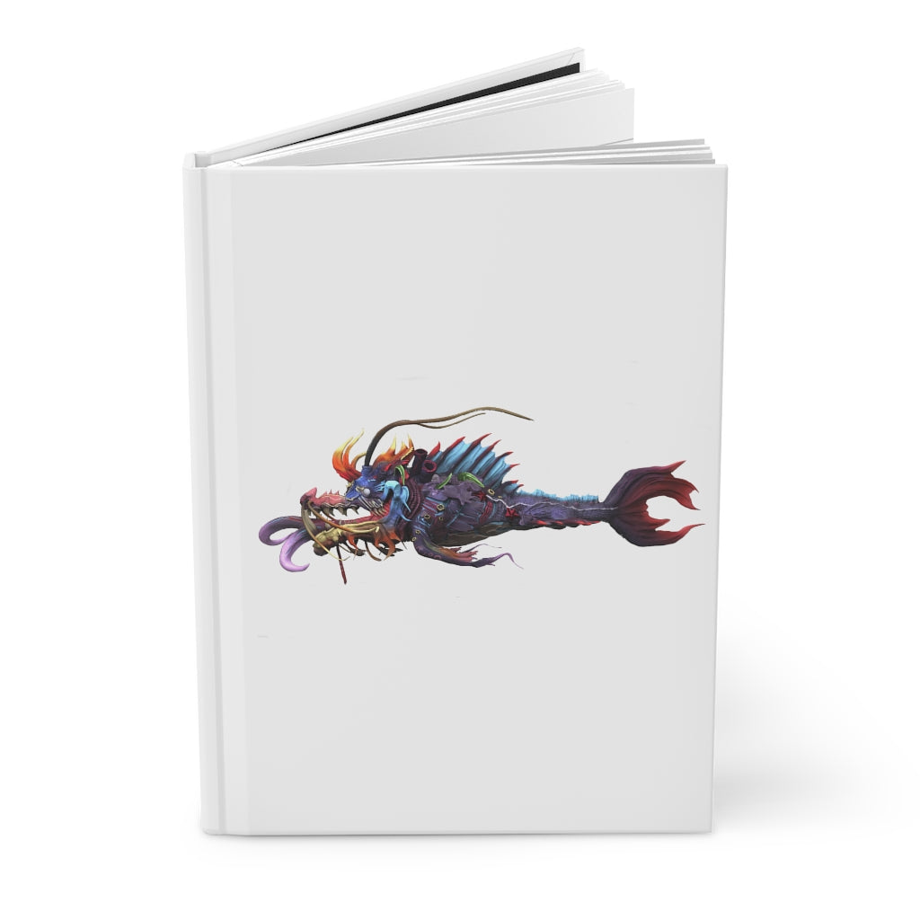 Ryuuk the Fish Dragon God hardcover journal with a matte finish, featuring a vibrant wraparound design and lined pages.