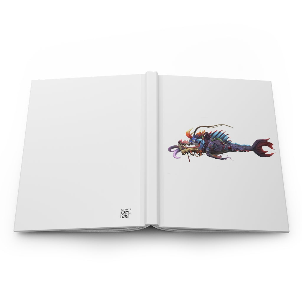 Ryuuk the Fish Dragon God hardcover journal with a matte finish, featuring a vibrant wraparound design and lined pages.