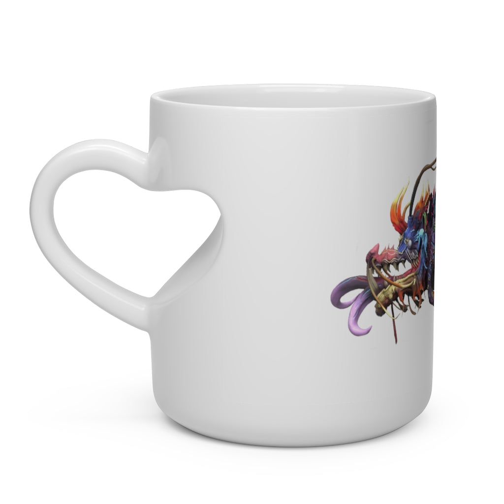 Ryuuk the Fish Dragon God Heart Shape Mug, white ceramic with a heart-shaped handle, perfect for hot beverages.