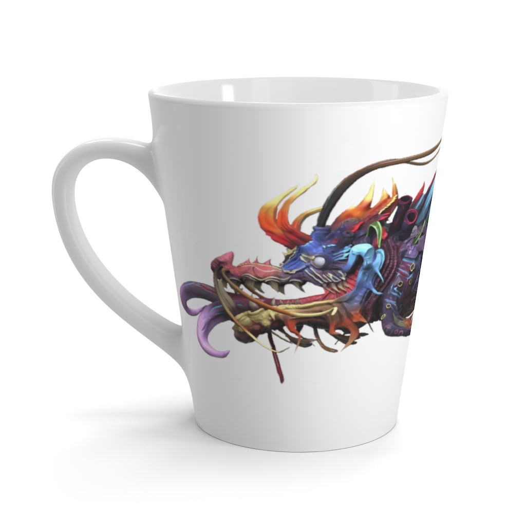 Ryuuk the Fish Dragon God Latte Mug featuring a vibrant design on durable white ceramic.