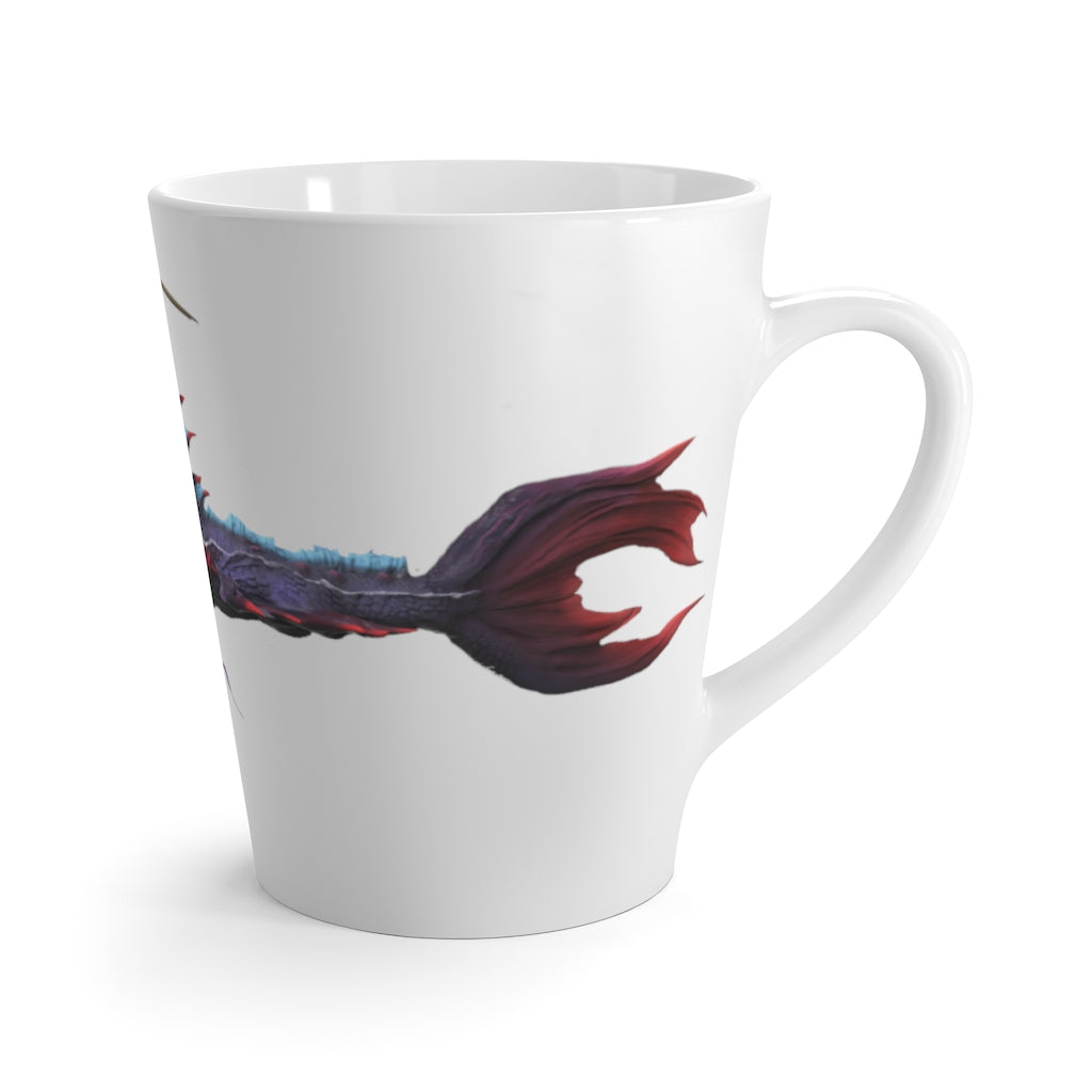 Ryuuk the Fish Dragon God Latte Mug featuring a vibrant design on durable white ceramic.