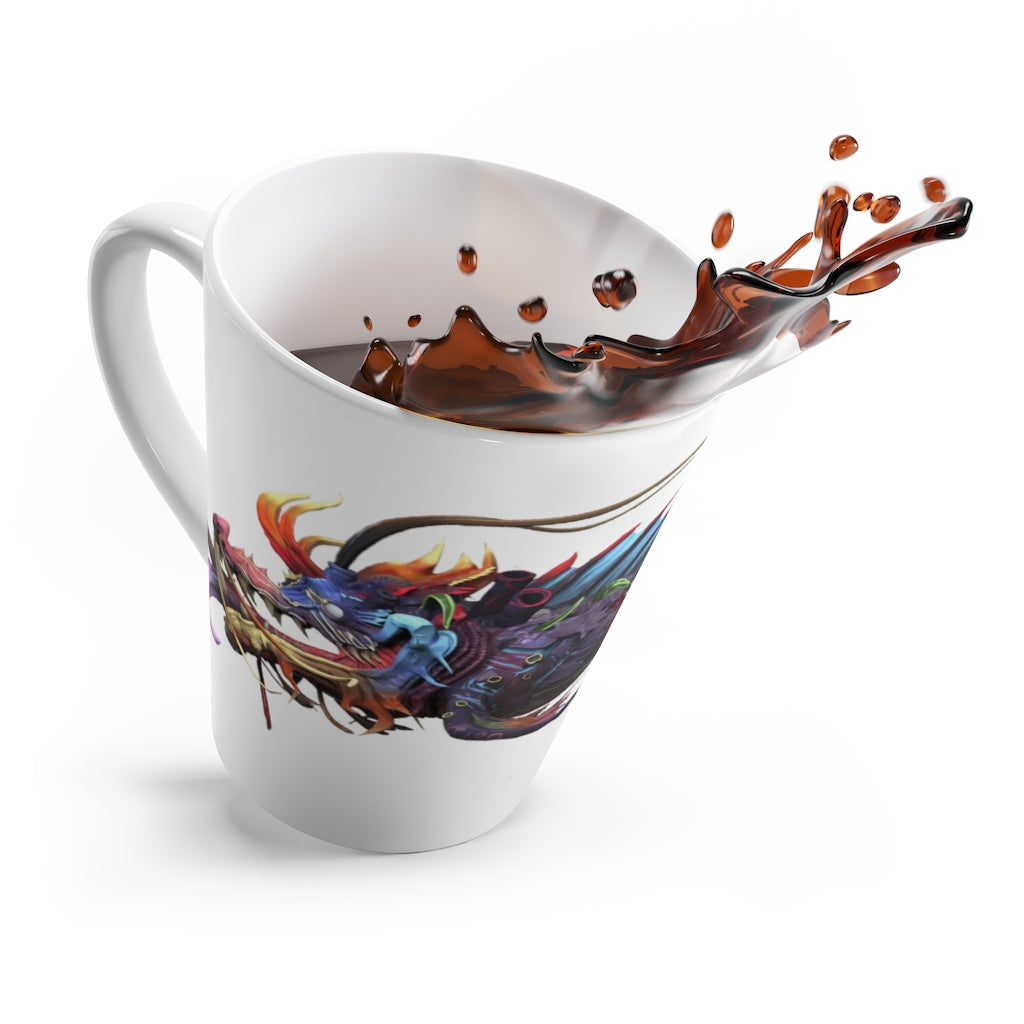 Ryuuk the Fish Dragon God Latte Mug featuring a vibrant design on durable white ceramic.