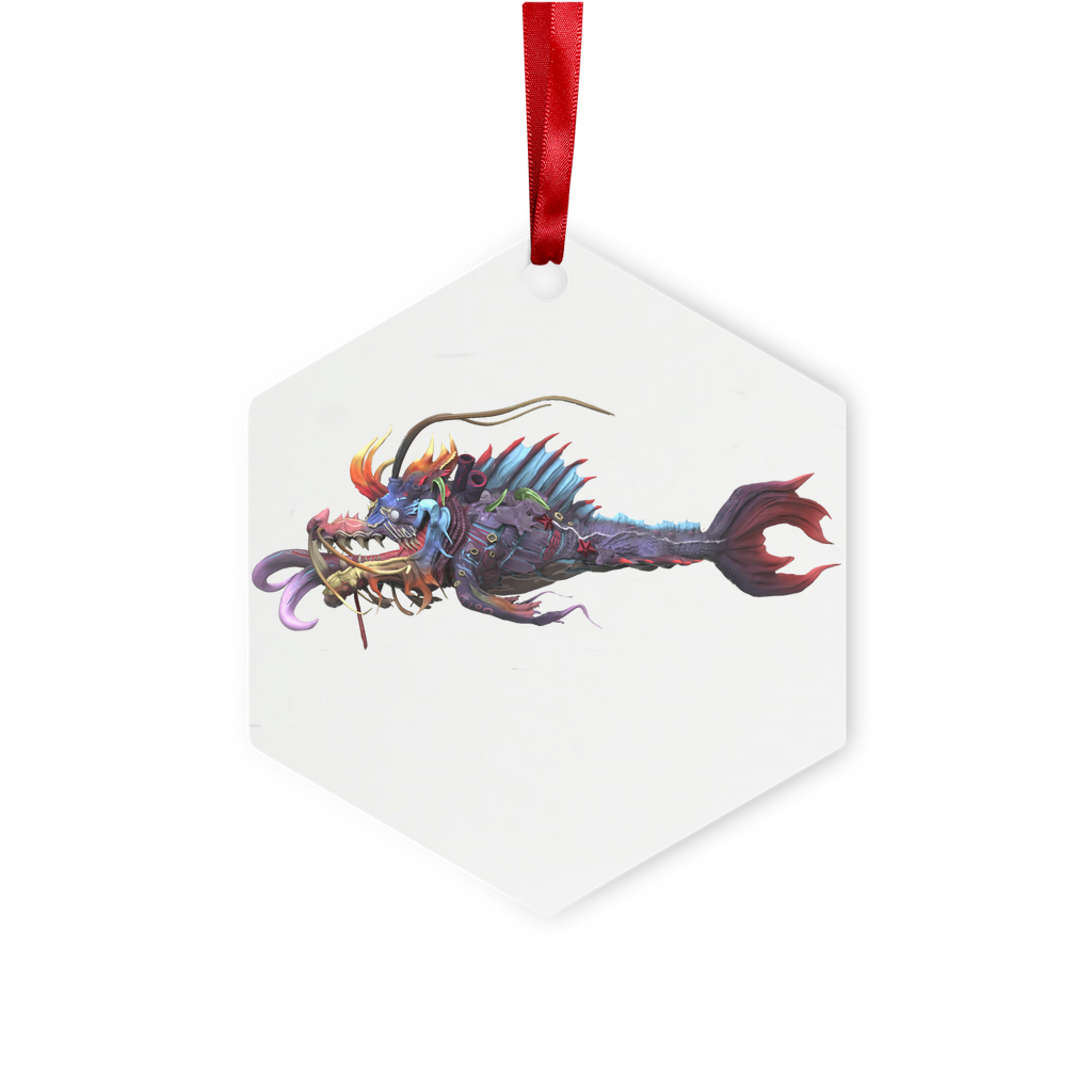 Ryuuk the Fish Dragon God Metal Hanging Ornament in hexagon and star shapes, featuring a glossy white finish and red ribbon for hanging.