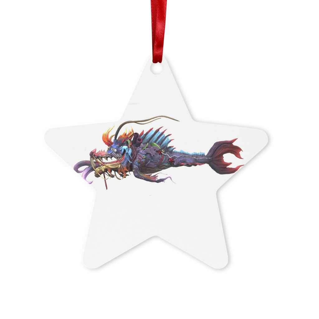 Ryuuk the Fish Dragon God Metal Hanging Ornament in hexagon and star shapes, featuring a glossy white finish and red ribbon for hanging.