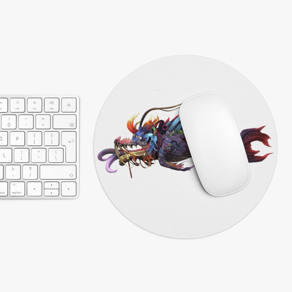 Ryuuk the Fish Dragon God Mouse Pad featuring vibrant colors and intricate design, available in round and rectangular shapes.