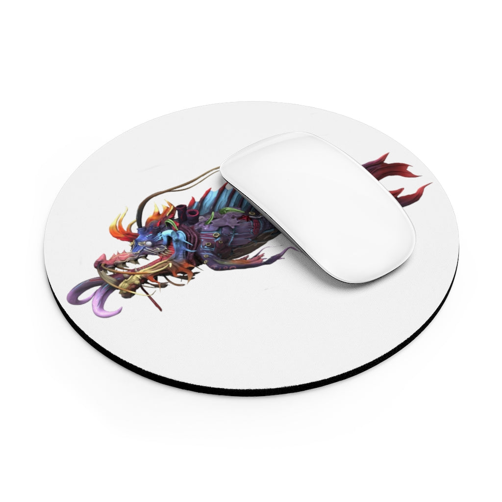 Ryuuk the Fish Dragon God Mouse Pad featuring vibrant colors and intricate design, available in round and rectangular shapes.