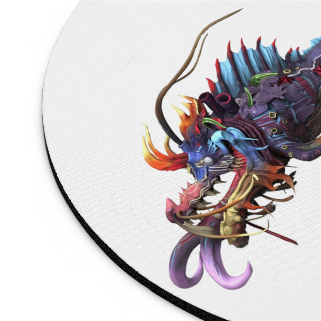 Ryuuk the Fish Dragon God Mouse Pad featuring vibrant colors and intricate design, available in round and rectangular shapes.